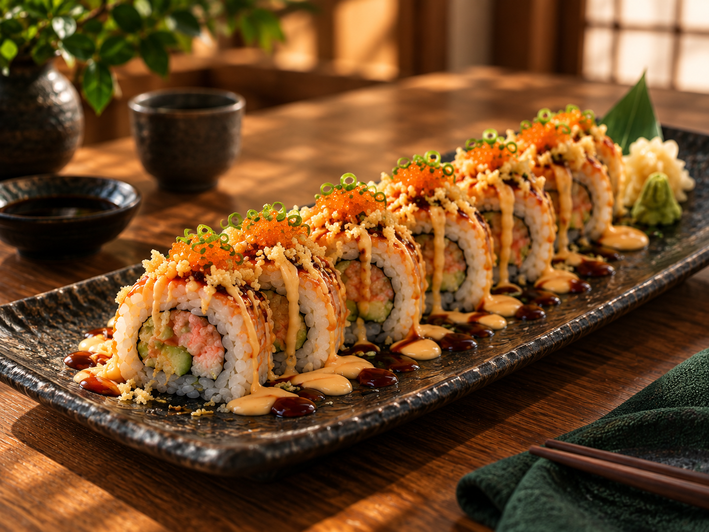 Specialty sushi rolls with roe and a drizzle of sauce