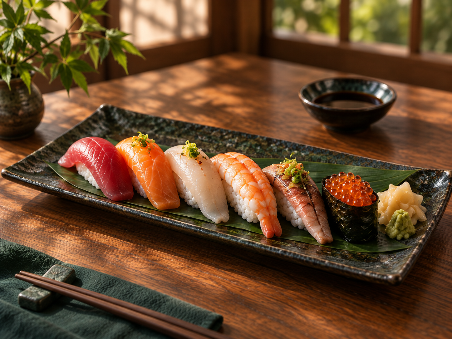 Assorted nigiri on a handmade ceramic platter