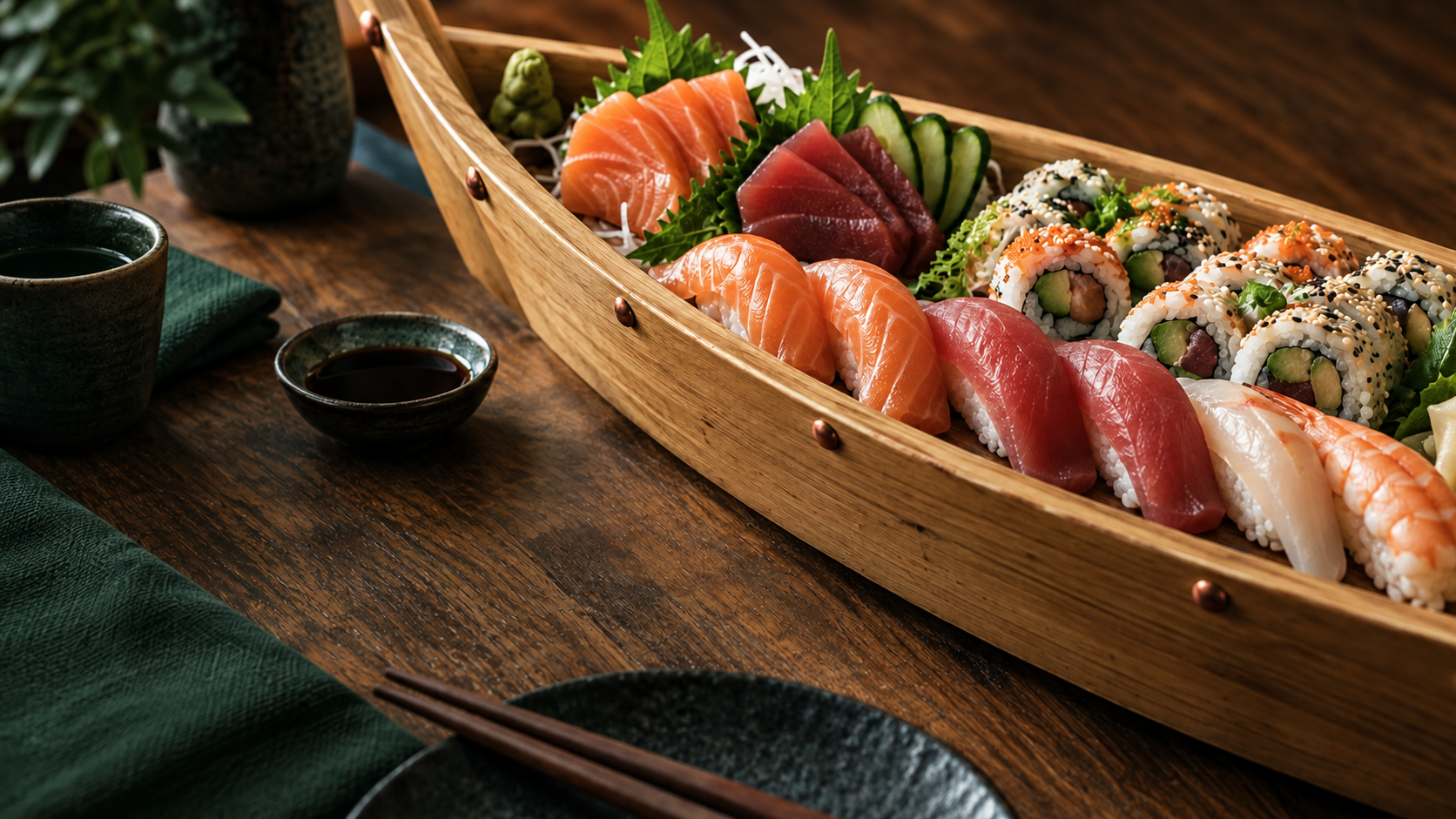 A close view of salmon, tuna and specialty rolls in a wooden sushi boat