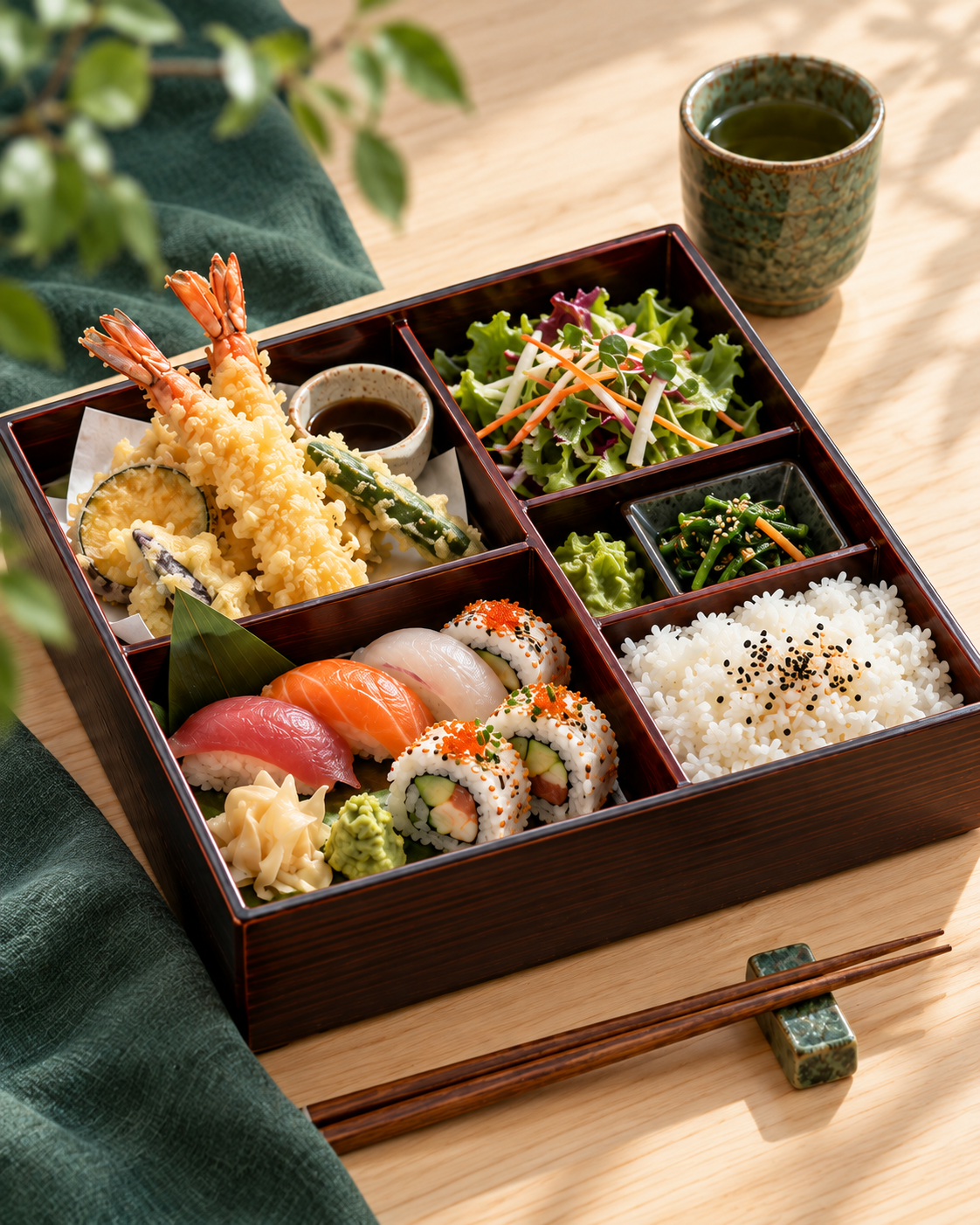 A lacquer bento box with sushi, rice, salad and tempura
